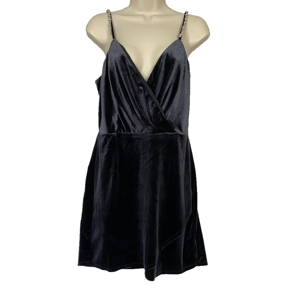 Francescas Mi Ami Velvet Mini Dress Large Black Rhinestone Strap Faux Wrap Glam‎